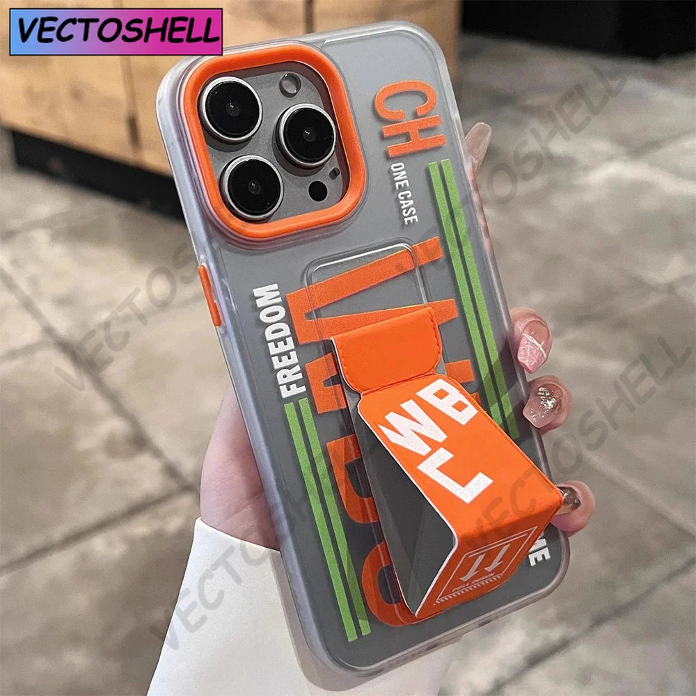 Matte Anti-slip Wristband Holder Phone Case for iPhone17 15 14 13 16 Pro Max Full Shockproof Folding Bracket Hard Bumper Cover