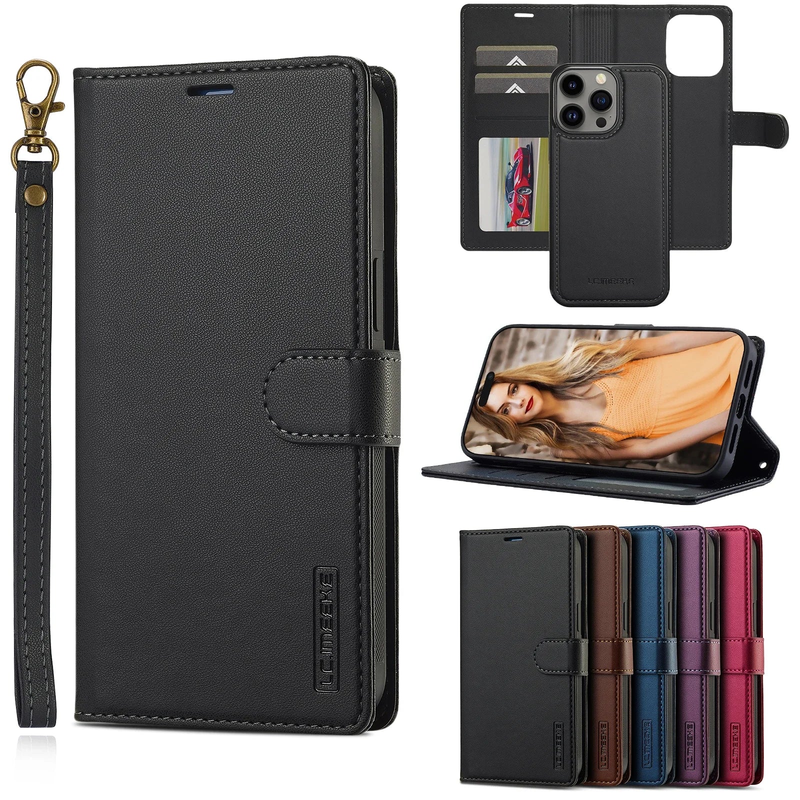 2 in 1 Removable Cards Solt Flip Leather Wallet Case For iPhone 15 Pro Max 14 Plus 16 13 12 11 SE 2022 XR XS Magnetic Bag Cover