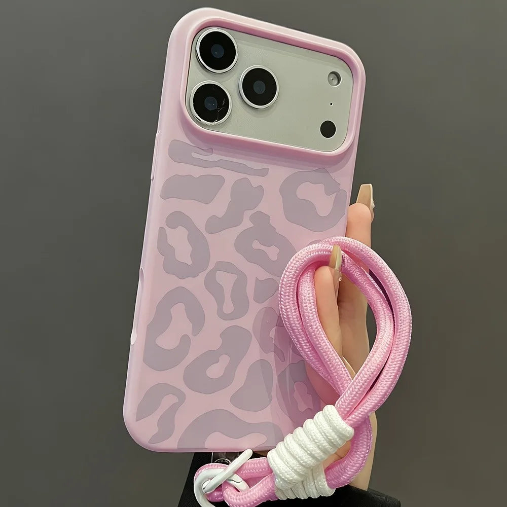 Pastel Leopard Print Phone Case For iPhone 17 16 15 14 Plus 13 12 11 Pro Max  Air With Short Wrist Strap Shockproof Soft Cover