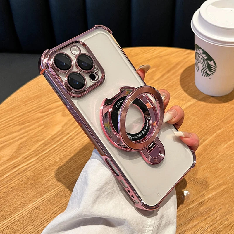 Luxury Plating For Magsafe Wireless Charge Case For iPhone 17 Air 16 15 14 13 12 11 Pro Max Plus Clear Magnetic Stand Cover