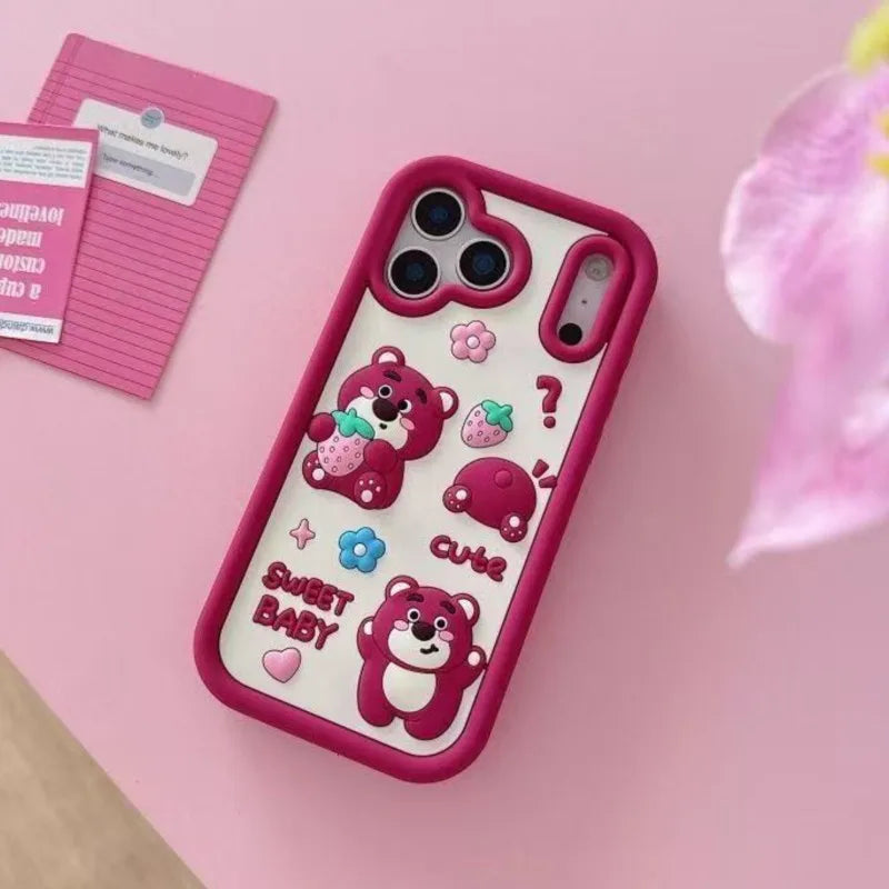Cute 3D cartoon strawberry bear silicone phone case for iPhone 17 16 15 14 13 12 11 Pro Max xsmax XS 7 8 Plus protective case