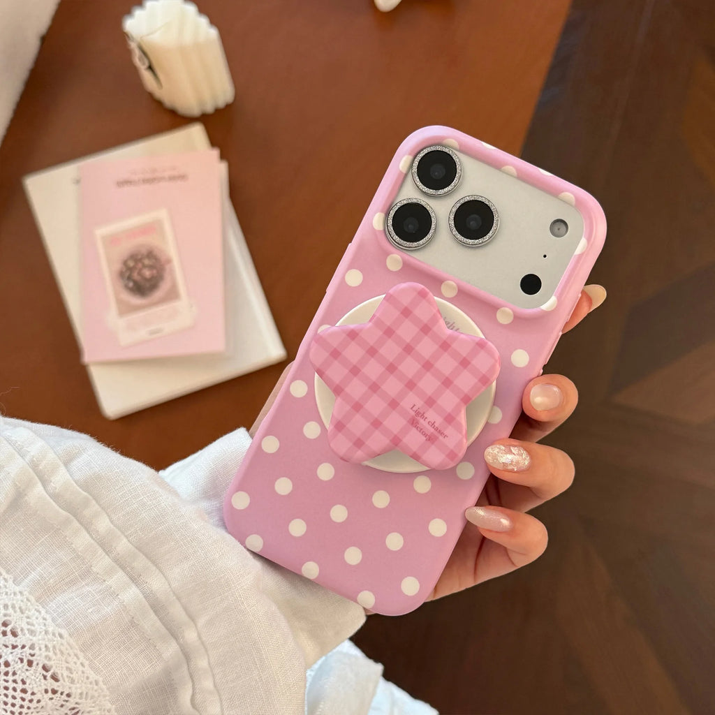 Korean Full Screen Polka Dots With Plaid Stars Magnetic Bracket Phone Case for iPhone 17 16 15 14 Pro Max Shockproof Soft Cover
