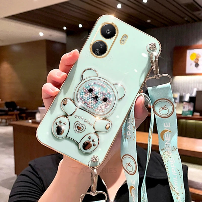 Redmi13c Crossbody Lanyard Bear Silicone Case On For Xiaomi Redmi 13 13c 12c 12 4g 10 10a 10c 9 9a 9c A3 A2 A1 Plus Holder Cover