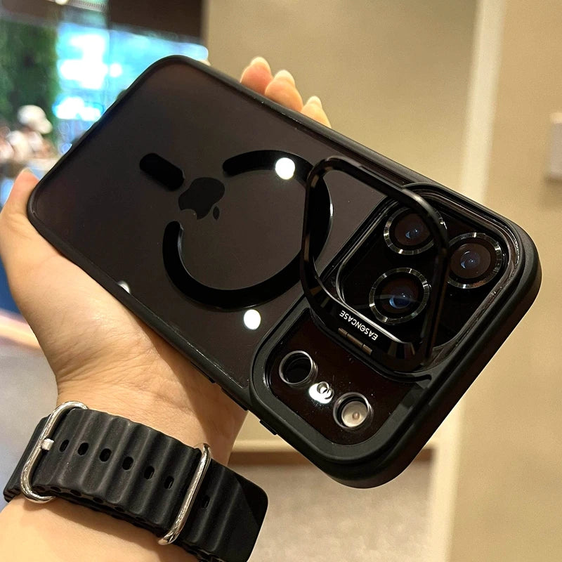 Luxury Magnetic Phone Case For iPhone 11 12 13 14 15 16 17 Pro Max Plus Air Magsafe Glass Lens Stand Protection Back Cases Cover