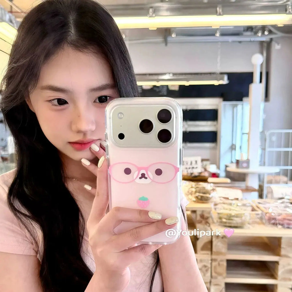 Ins Korean Soft Cute Cream Powder Strawberry Glasses Bear Phone Case For IPhone 17 Air 16 15 14 13 12 11 Pro Max Plus Y2K Cover