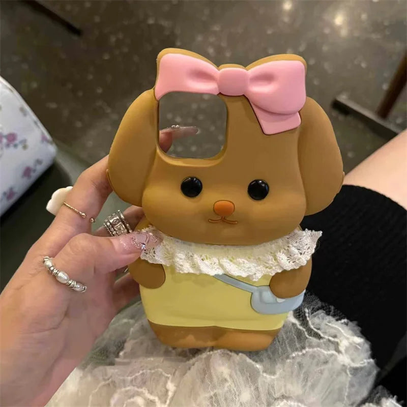 Silicone Cartoon Pink Bow Dog Suitable For Iphone 15 Pro Max Phone Case All Inclusive 12 13 14 Protective Case