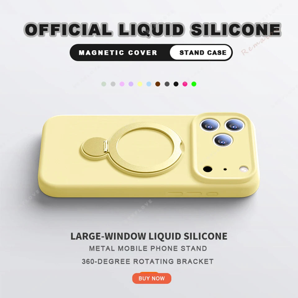 360 Magnetic Stand Liquid Silicone Phone Case For iPhone 17 Air 13 14 15 16 Pro Max Plus Magsafe Charge Holder Protector Cover