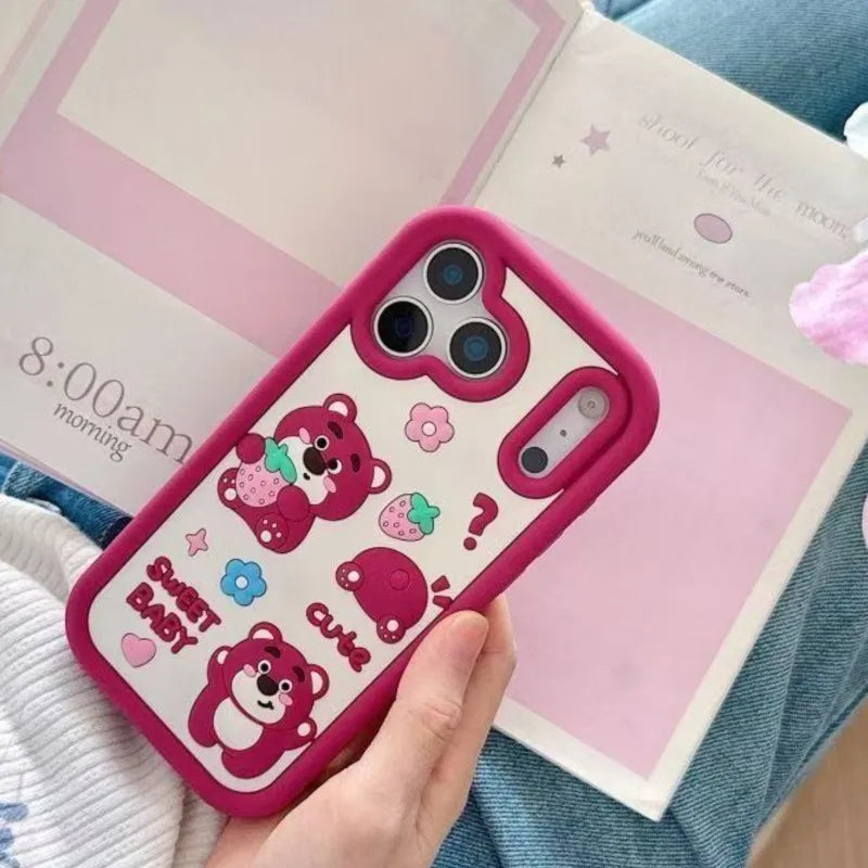 Cute 3D cartoon strawberry bear silicone phone case for iPhone 17 16 15 14 13 12 11 Pro Max xsmax XS 7 8 Plus protective case