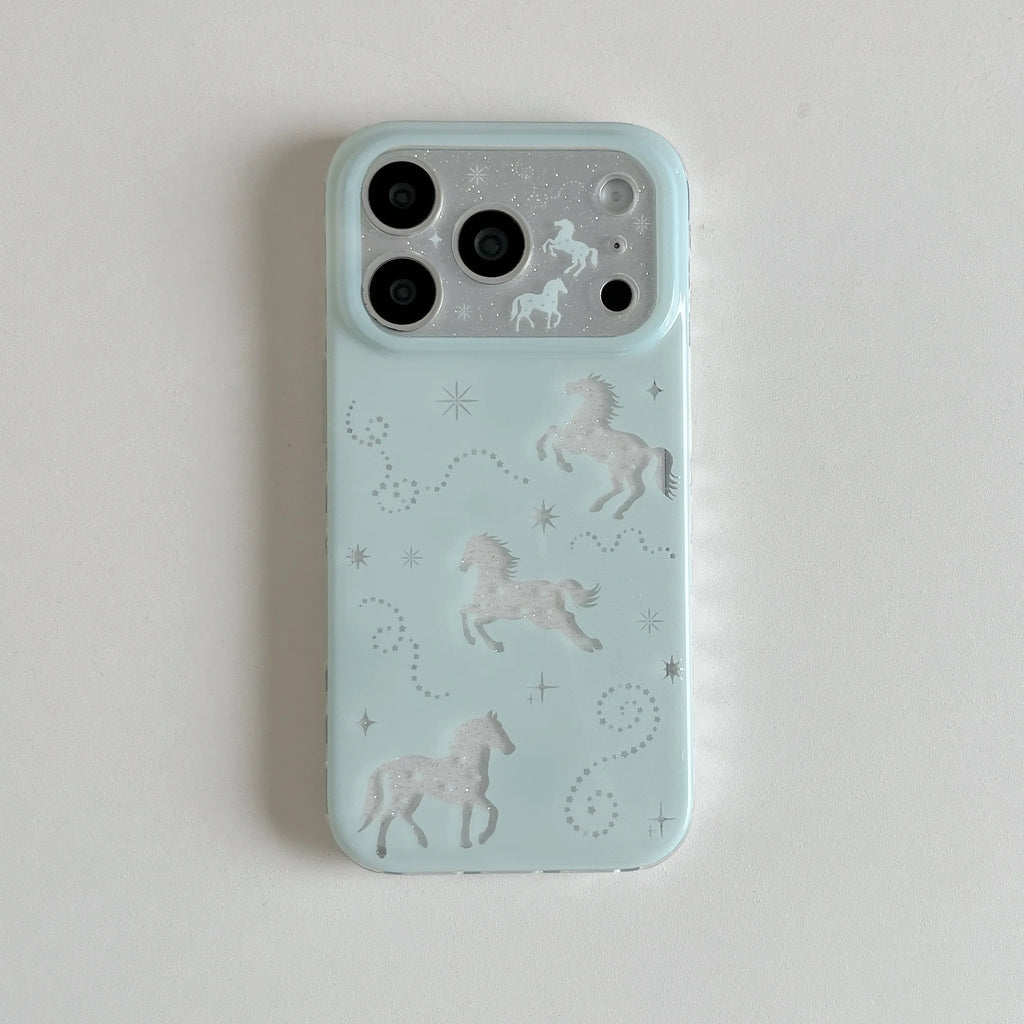 Glittery Mint Shimmering White Pony & Star Print Shockproof Phone Case for iPhone 17 16 15 14 11 12 13 Pro Max Plus Back Cover