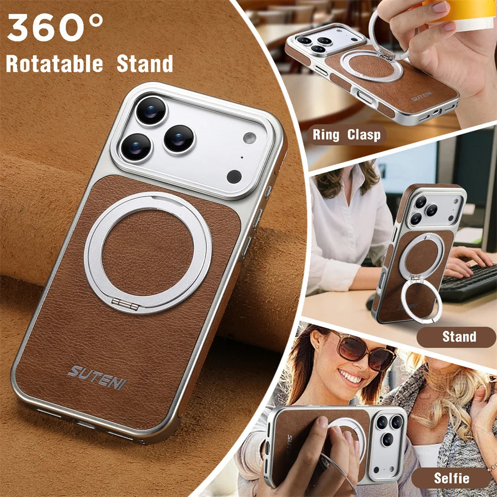 Rotating Magnet Ring Fold Stand Leather Magnetic Phone Case For Apple iPhone 17 16 15 14 13 Pro Max Silver Plating Armor Cover