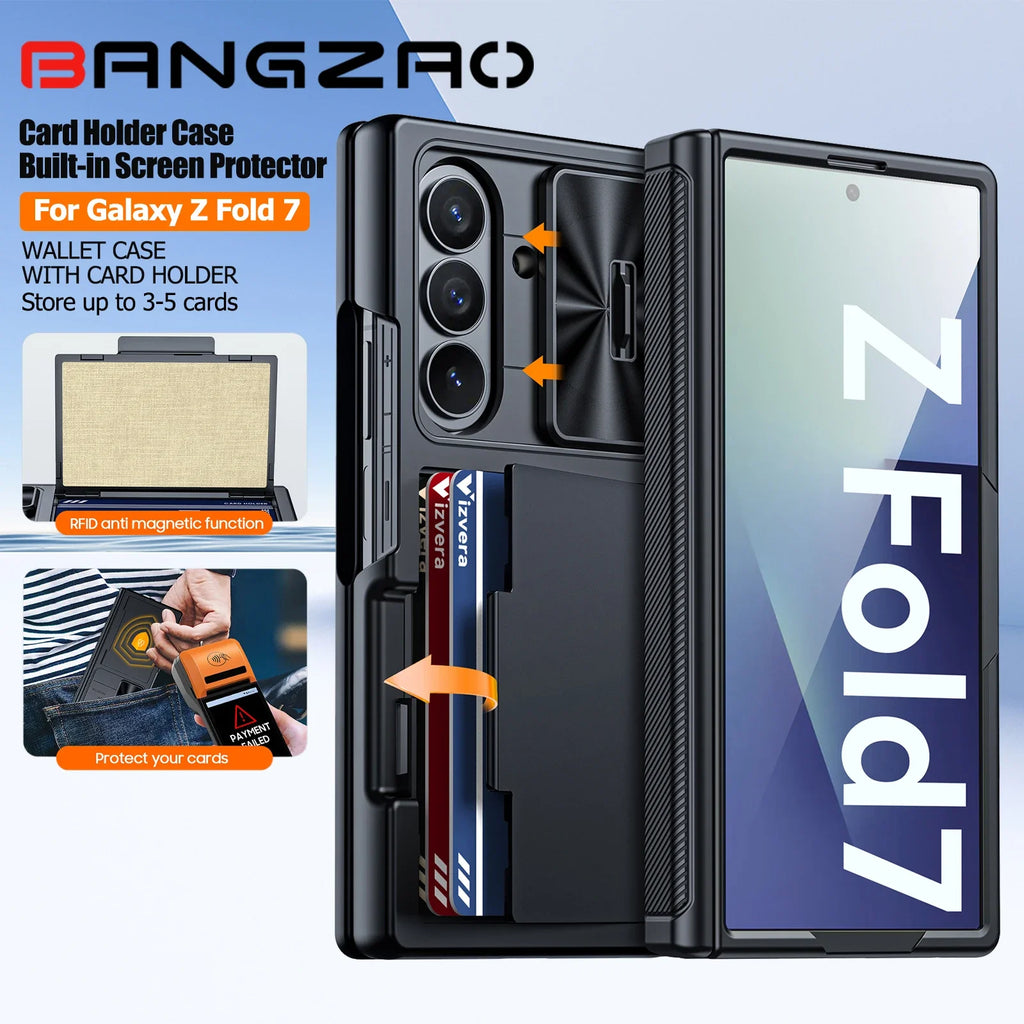 for Galaxy Z Fold 7 Case,RFID Wallet with Cards Holder,Hinge Cover,Camera Cover,Shockproof Silicone Protective Phone Case-Black