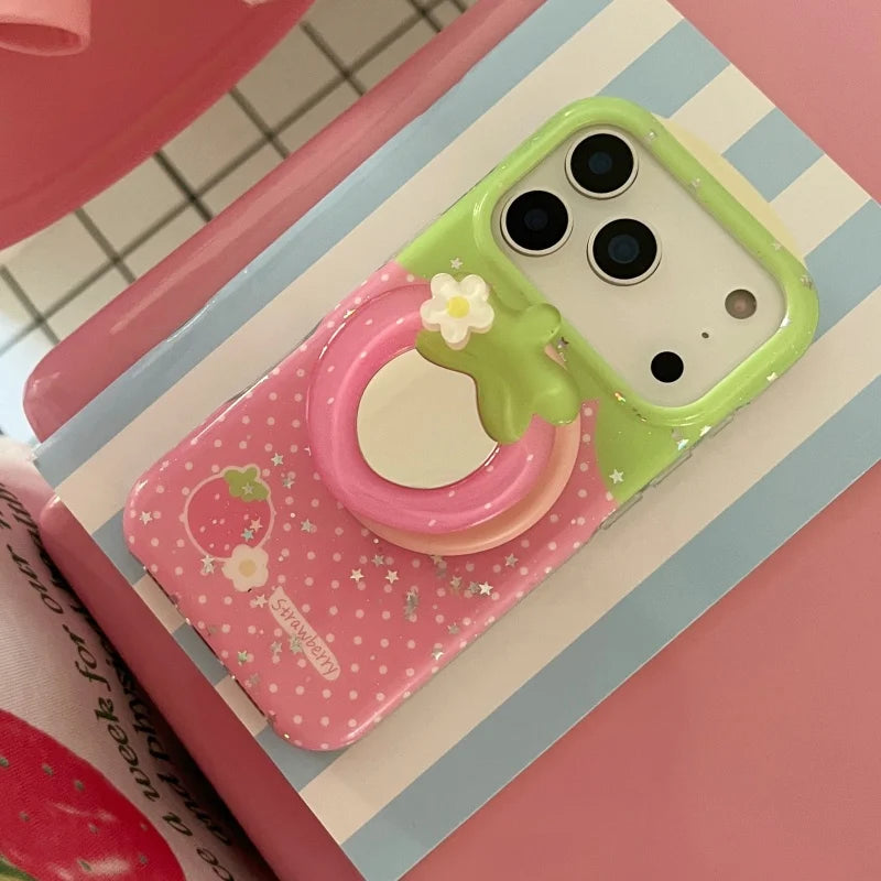 Korean Star Polka Dot Strawberry Magnetic Phone Case For iPhone 17 Pro 15 14 16 Pro Max Cover with Magsafe Stand Cute Cases Capa