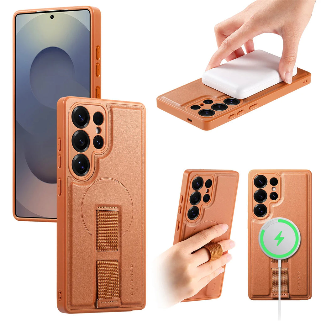 For Magsafe Magnetic Wrist Strap Phone Case for Samsung Galaxy S25 Edge S25 Ultra S26 Plus Leather ShockProof Protective Cover