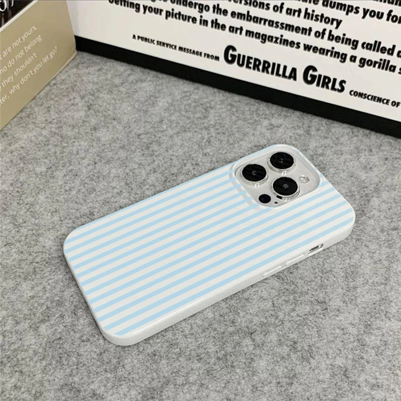 Fresh Blue and White Striped Glossy Phone Case for iPhone 11 12 13 14 15 16 17 Pro Max 17 Air 16E Soft Casing Shockproof Cover