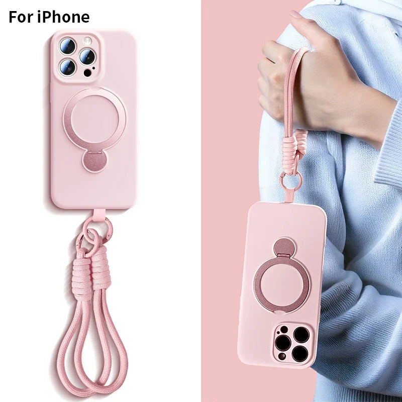 Magnetic Bracket Liquid Silicone Phone Case For iPhone 16 17 Air 15 14 13 Pro Max Magsafe With Hanging Rope Protective Cover