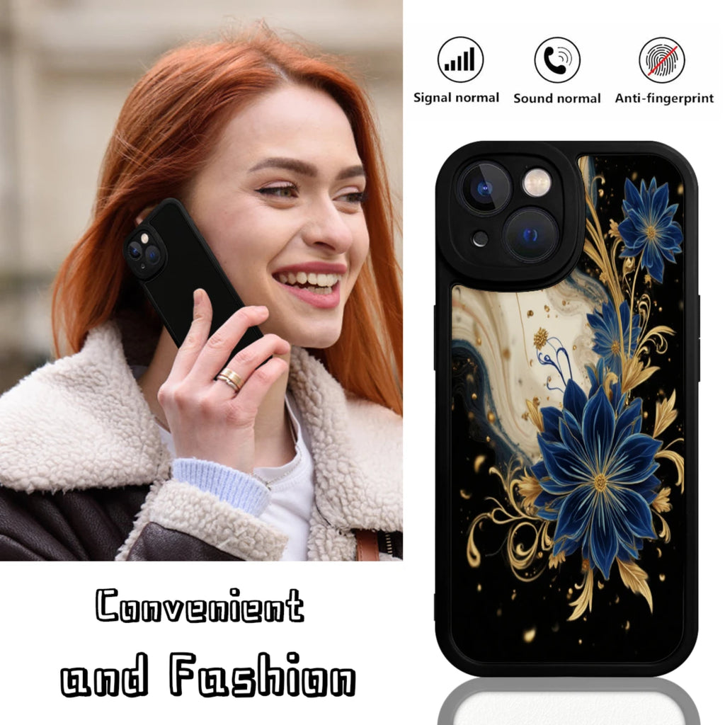 Floral Phone Case Black Blue Gold Flower Pattern For Iphone X To Iphone 16 Pro Max Fashion Protective Cover For Daily Use And Gift