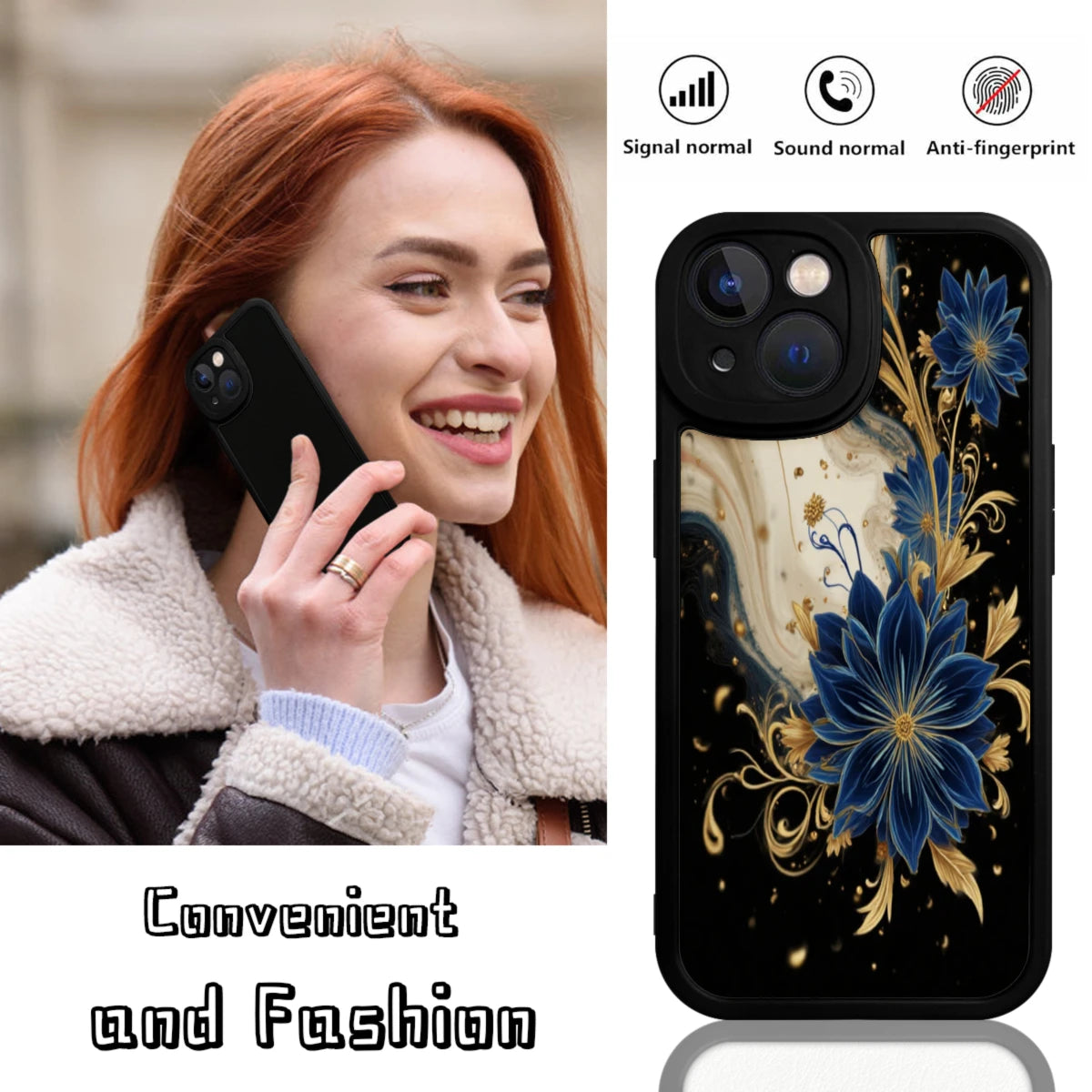 Floral Phone Case Black Blue Gold Flower Pattern For Iphone X To Iphone 16 Pro Max Fashion Protective Cover For Daily Use And Gift