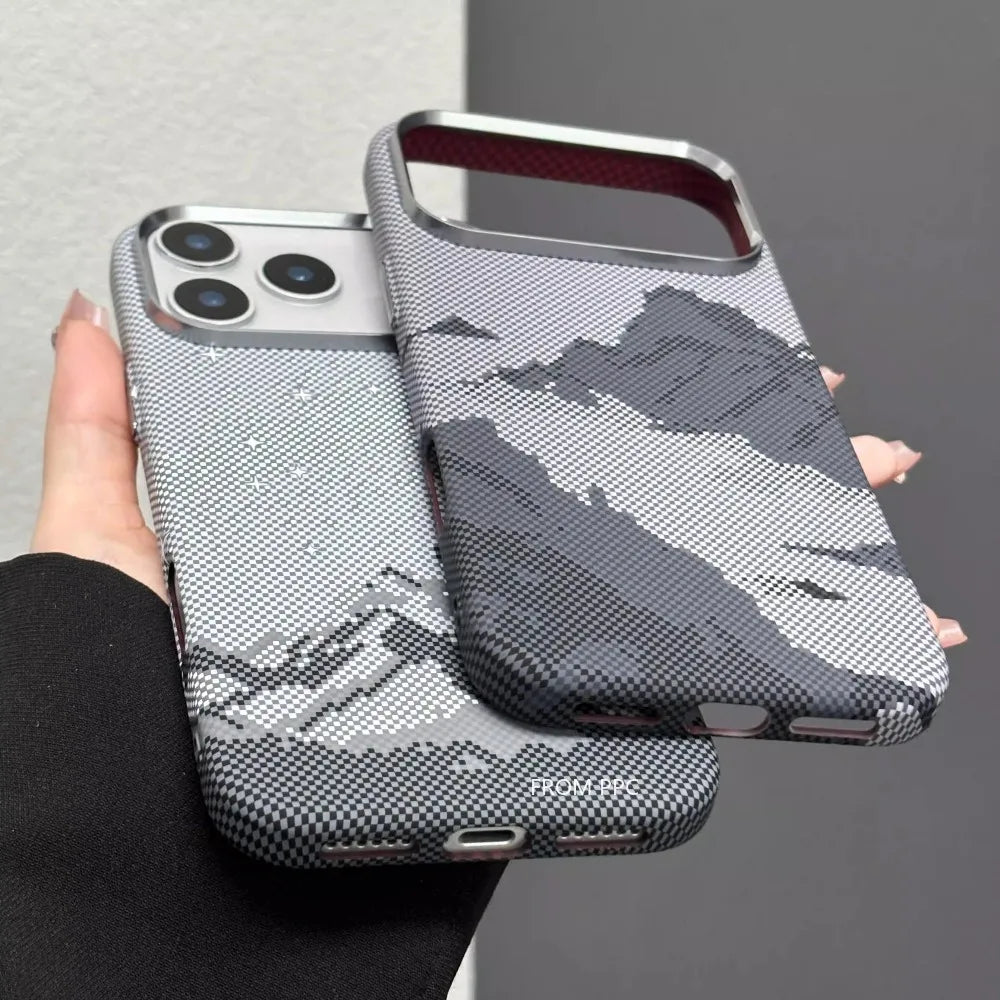 Snow Mountain Magnetic Case for iPhone 17 Pro Max Carbon Fiber Hard PC Magnets in Back Cover Camera Metal Lens Protection Shell