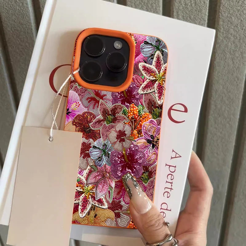 Luxurious Beaded Flower Lychee Texture Phone Case For iPhone 17 16 15 14 13 12 11 Pro Max 14 15 Plus 17Air Silicone Soft Cover