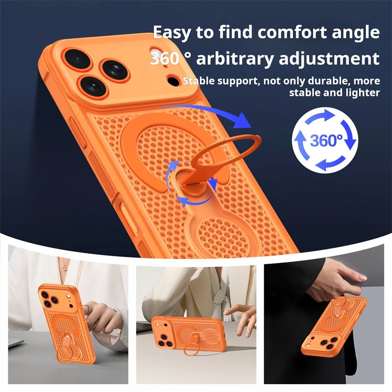 360° Rotating Ring Holder Magnetic Mesh Heat Dissipation Case for iPhone 16 15 14 13 12 11 17 Pro Max Air Plus For Magsafe Cover