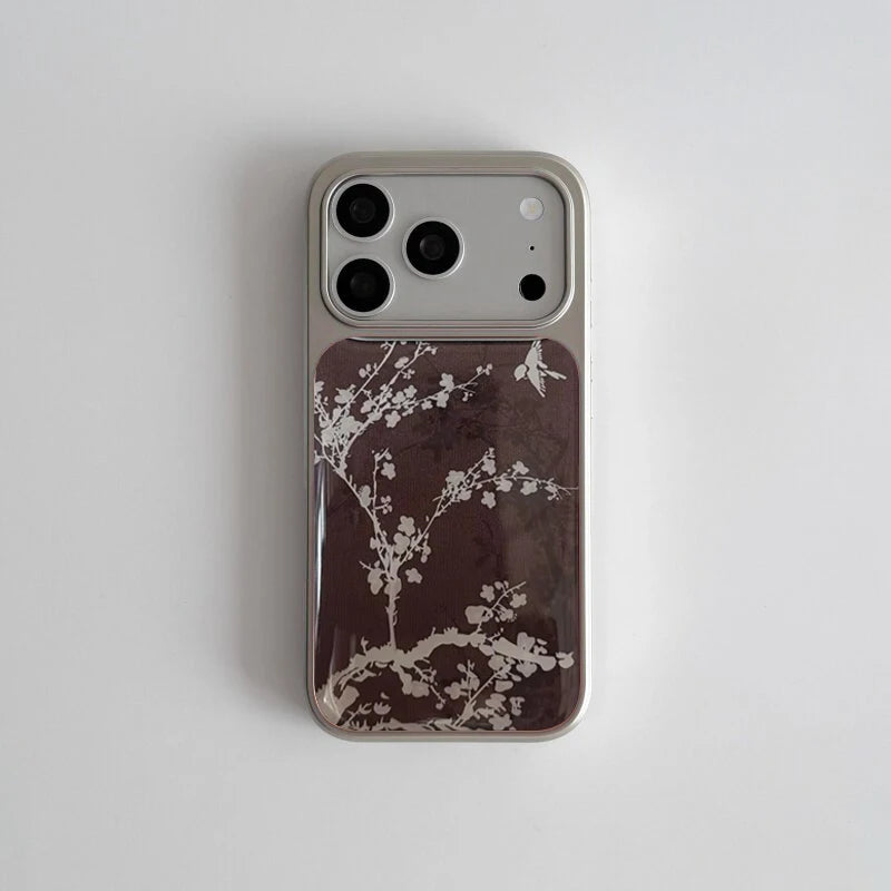 White Flowers Birds Pattern Electroplated Drip Glue Phone Case For iPhone 17 Air 16 ProMax 15 14 Plus 13 12 Pro 11 Back Cover