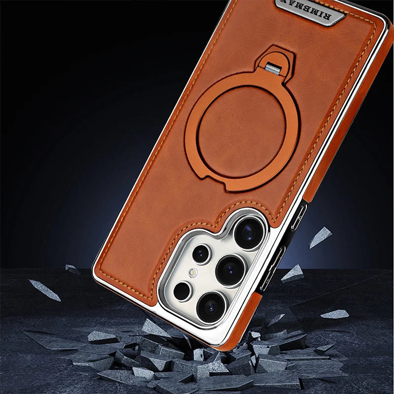 Magnetic Rotating Bracket Luxury Leather Case For Samsung Galaxy S23 S24 S25 S26 Ultra Plus Wireless Charging Shockproof Cover