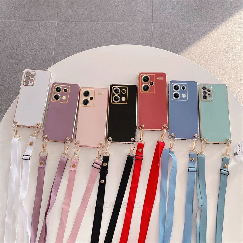 Redmi13 Note13 13pro Crossbody Lanyard Plating Case On For Xiaomi Redmi Note 13 12 Pro Plus 4g 5G Cord Soft Silicone Back Cover
