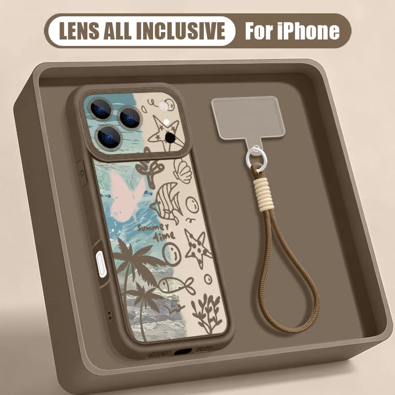 Retro Turtle Pattern Lanyard Phone Case For iPhone 17 Pro Max 16 17 14 15 13 Pro Max 11 17e 16e Shockproof Silicone Soft Cover