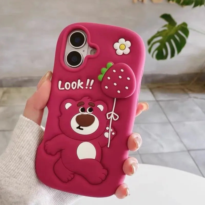 3D Lotso Strawberry Bear Silicone Phone Case with Strawberry Balloon for iPhone 16 15 14 13 12 11 Pro Max Cute Shockproof Cover