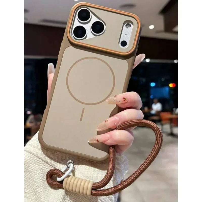 Magnetic Skin Feel Phone Wrist Strap Case Suitable for iPhone 11 12 Pro 13 14 15 Plus 16 17 Pro Max Fashionable Protective Cover