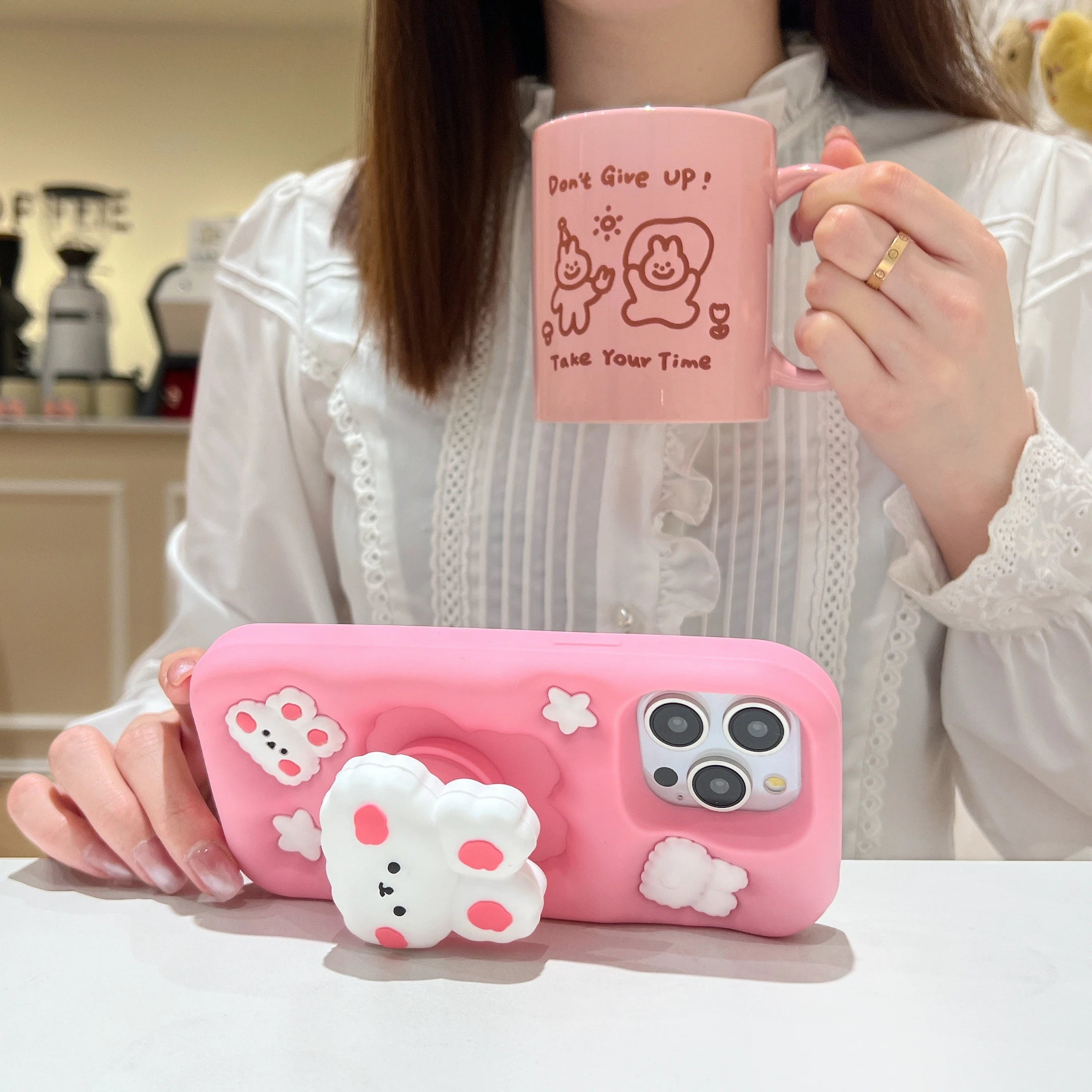 3D Animal Cartoon Rabbit Silicone Phone Case for iPhone 16 15 14 13 12 Pro Max 11 Soft Cover with Wrist Strap&Folding Holder