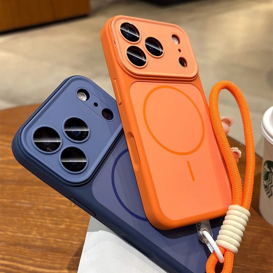 Luxury Matte With Lanyard for Magsafe Case for iPhone 15 16 17 Pro Max 14 Plus 12 11 13 Magnetic Wireless Charging Strap Cover