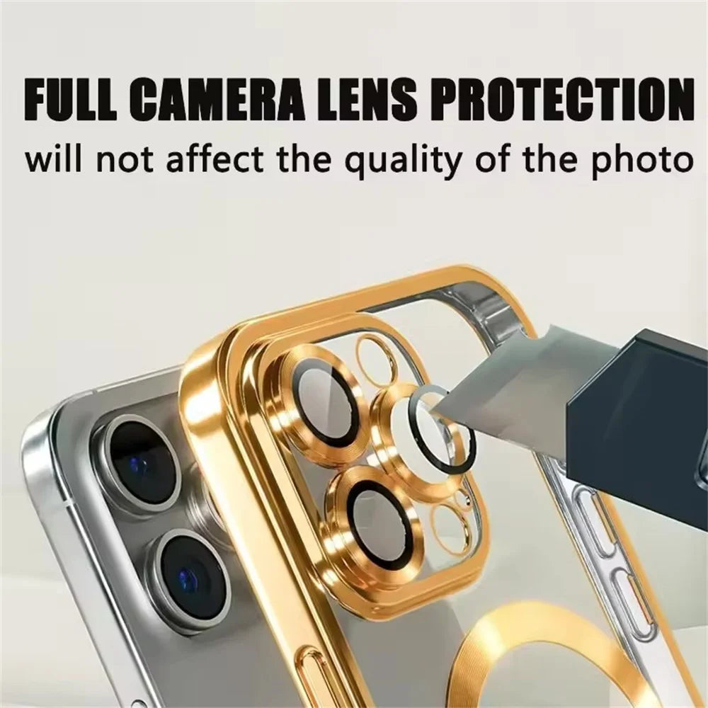 Luxury Plating Clear Magnetic Case For iPhone 17 16 15 12 13 14 Pro Max Plus For Magsafe Wireless Charger Shockproof Phone Cover