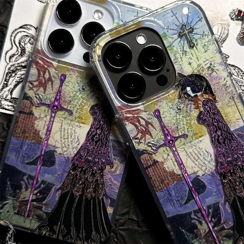 Retro Angel Cross Phone Case For iPhone 16 15 14 13 12 11 Pro Max XR XS Max 7 8 Plus MINI Y2K Middle Ages European Knight Cover