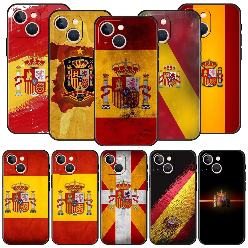 spain flag Luxury Phone Case For iPhone 13 15 14 12 Mini 11 Pro MAX XR X SE XS 7 8 Plus Silicone Black Protection Cover