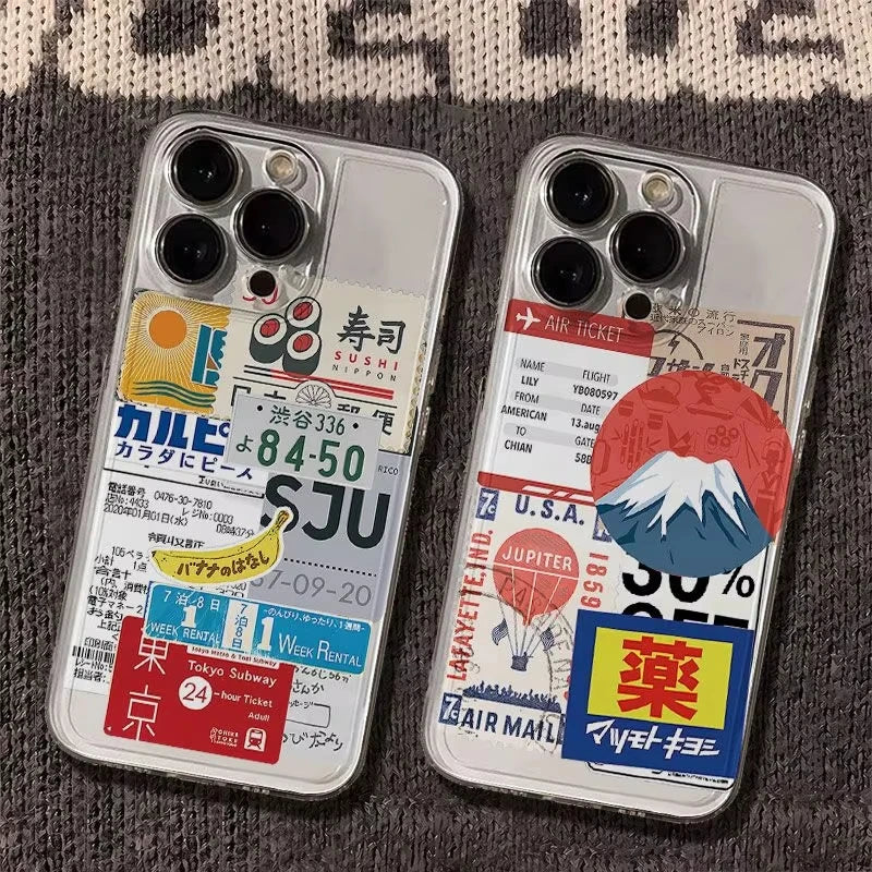 Retro Collage Japanese Style Ticket Sushi Phone Case for iPhone 17 Air 16 15 14 11 Pro Max Plus 13 12 Mini 8 7 Xs XR Soft Cover