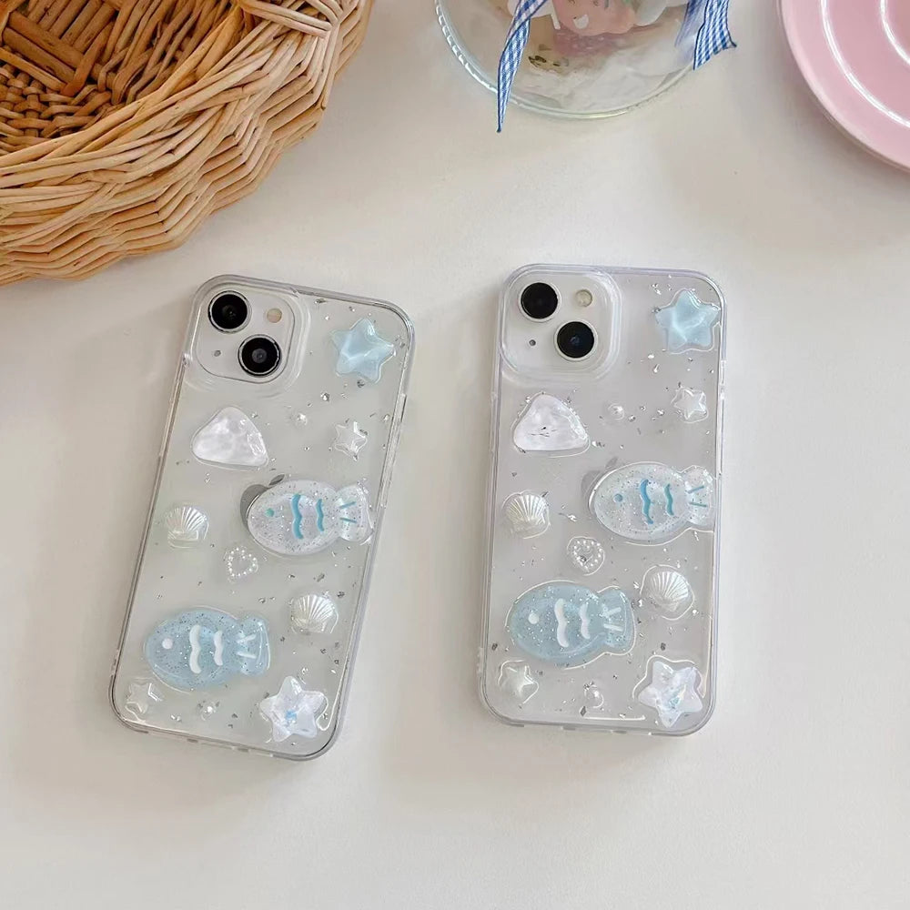 Cute 3D shell fish Phone Case For iPhone 17 16 15 14 13 12 11 Pro Max Silver foil Transparent Shockproof Soft Silicone Cover