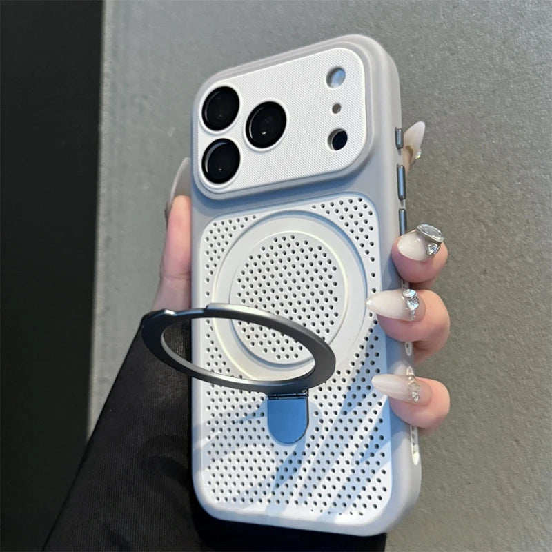 Luxury Dissipation With Holder Heat Phone Case For iPhone 12 13 14 15 16 17 Pro Max Plus Magnetic Matte Bumper Back Cases Cover
