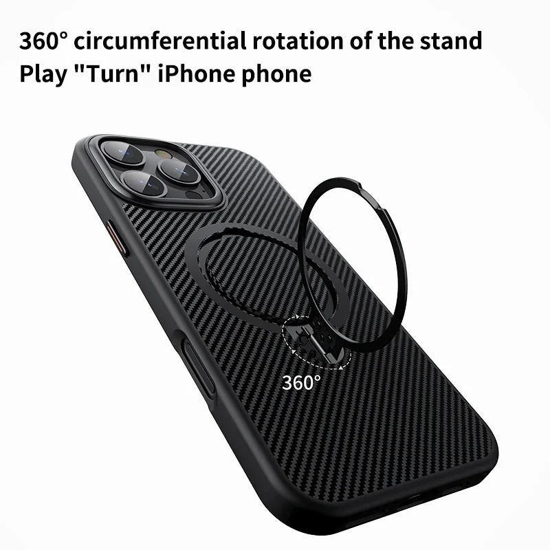 360° Ring Holder Carbon fiber Magnetic phone Case for iPhone 12 13 15 14 16 Pro max Wireless Charging Stand Suitable Phone Cover