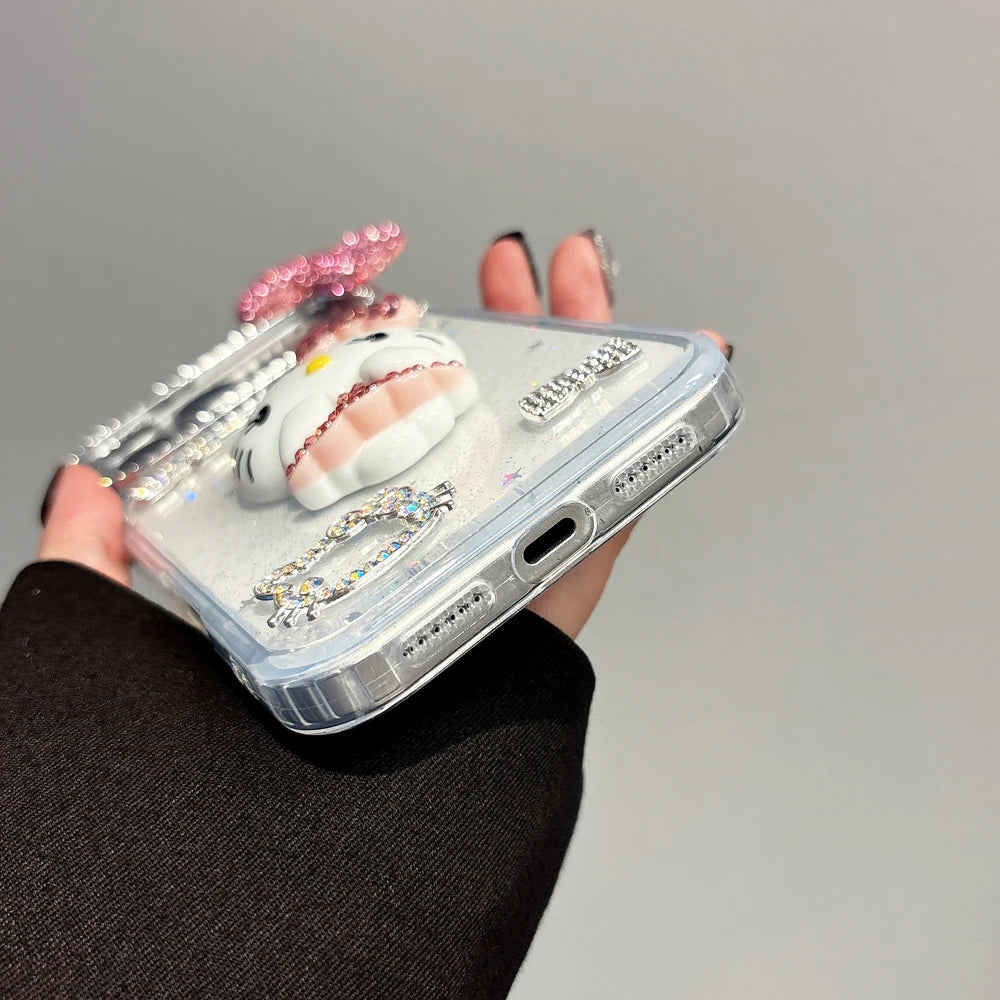 Cute Cartoon Sanrio Hello Kitty Bling Glitter Diamond Phone Case For iPhone 17 16 15 14 13 12 11 Pro Max Shockproof Hard Cover