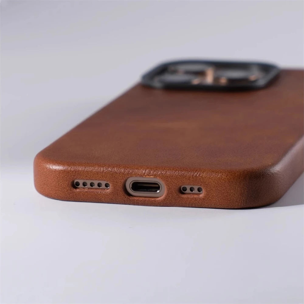 Luxury Business Retro Leather Magnetic Case For iPhone 17 Pro Max 16 Plus 15 14 13 MagSafe Alloy Lens Wireless Charging Cover