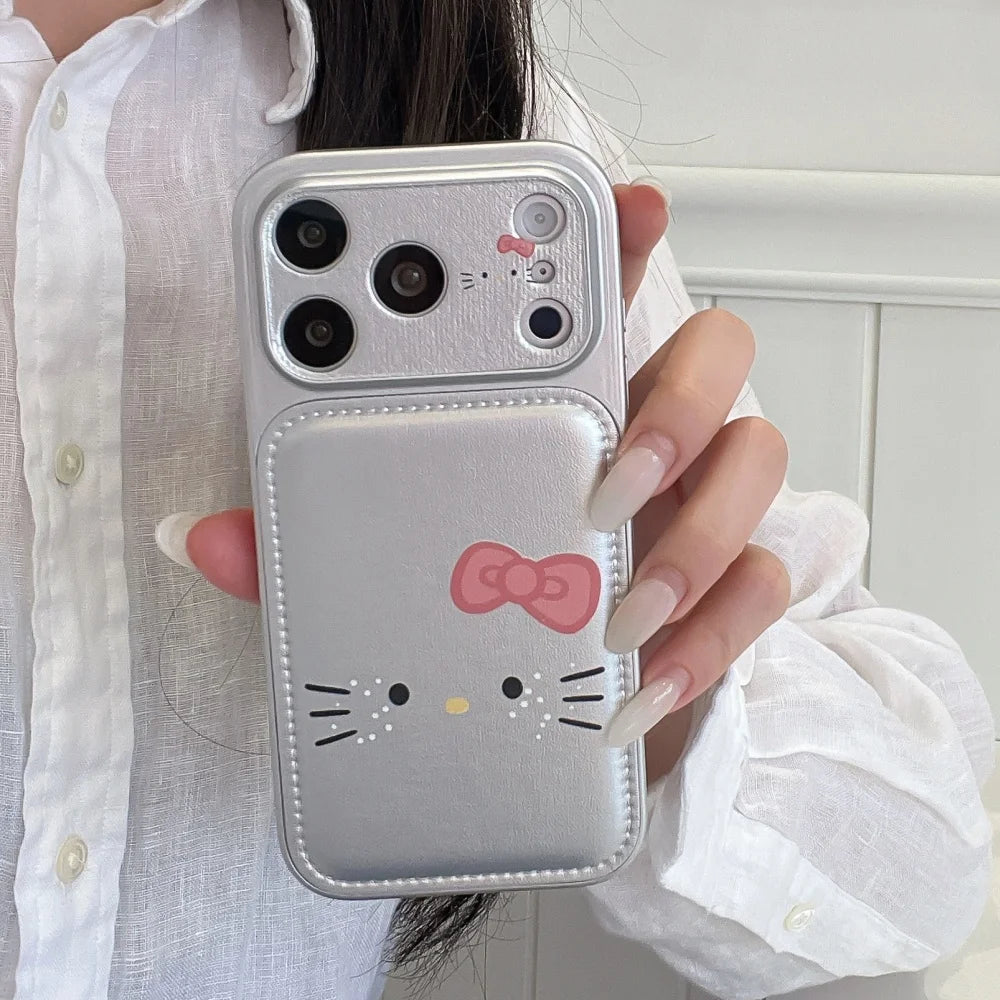 Luxury Cute Silver KT Cat Leather Case Phone Case For iPhone 17 Pro Max 16 Pro 15 14 Pro Max Case Shockproof Protective Cover