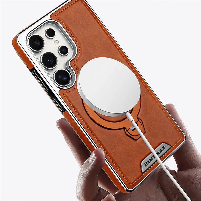 Magnetic Rotating Bracket Luxury Leather Case For Samsung Galaxy S23 S24 S25 S26 Ultra Plus Wireless Charging Shockproof Cover