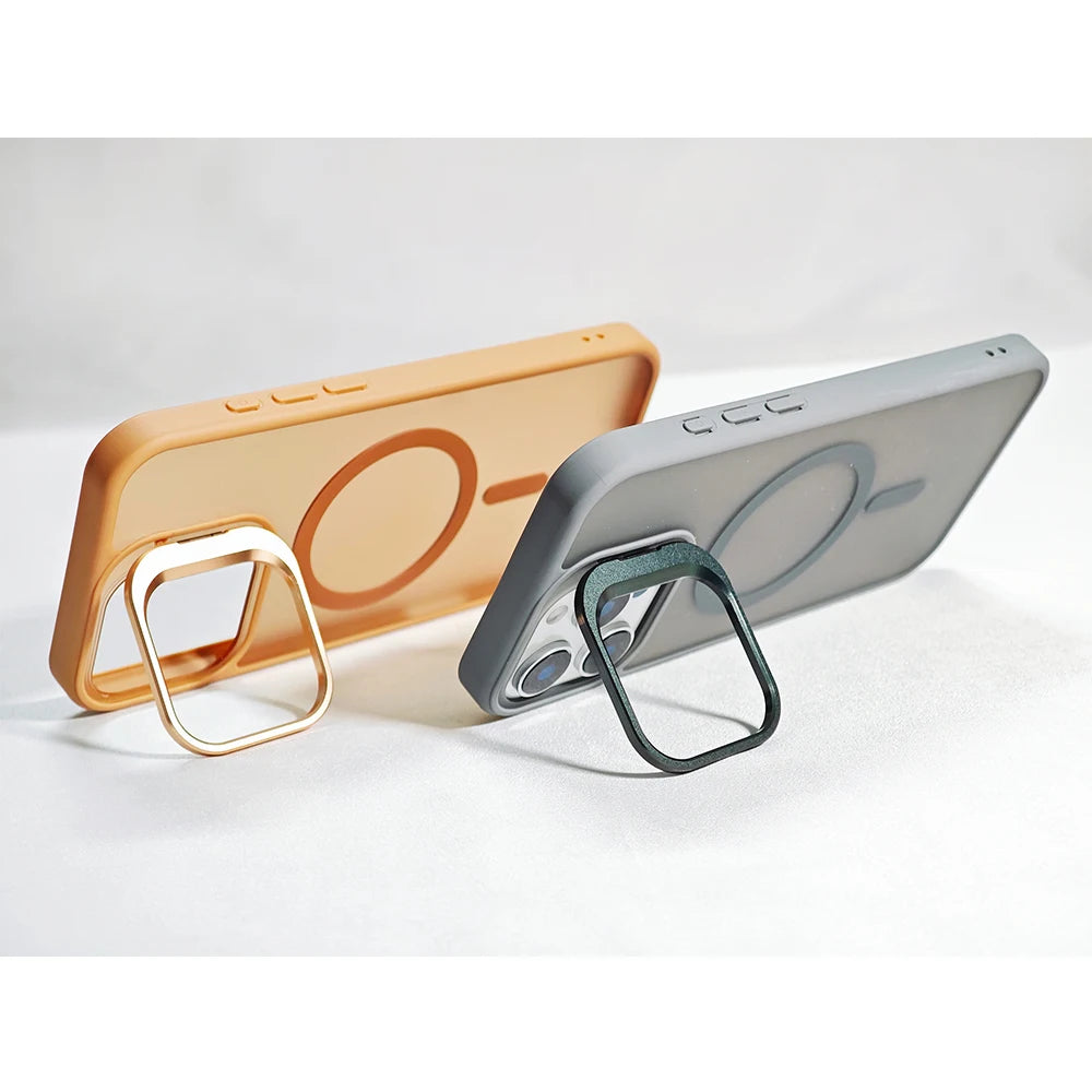 Metal Camera Folding Stand Magnetic Matte Cover For iPhone 16 13 12 Mini 11 14 15 Pro Max 16 Plus Translucent For Magsafe Case