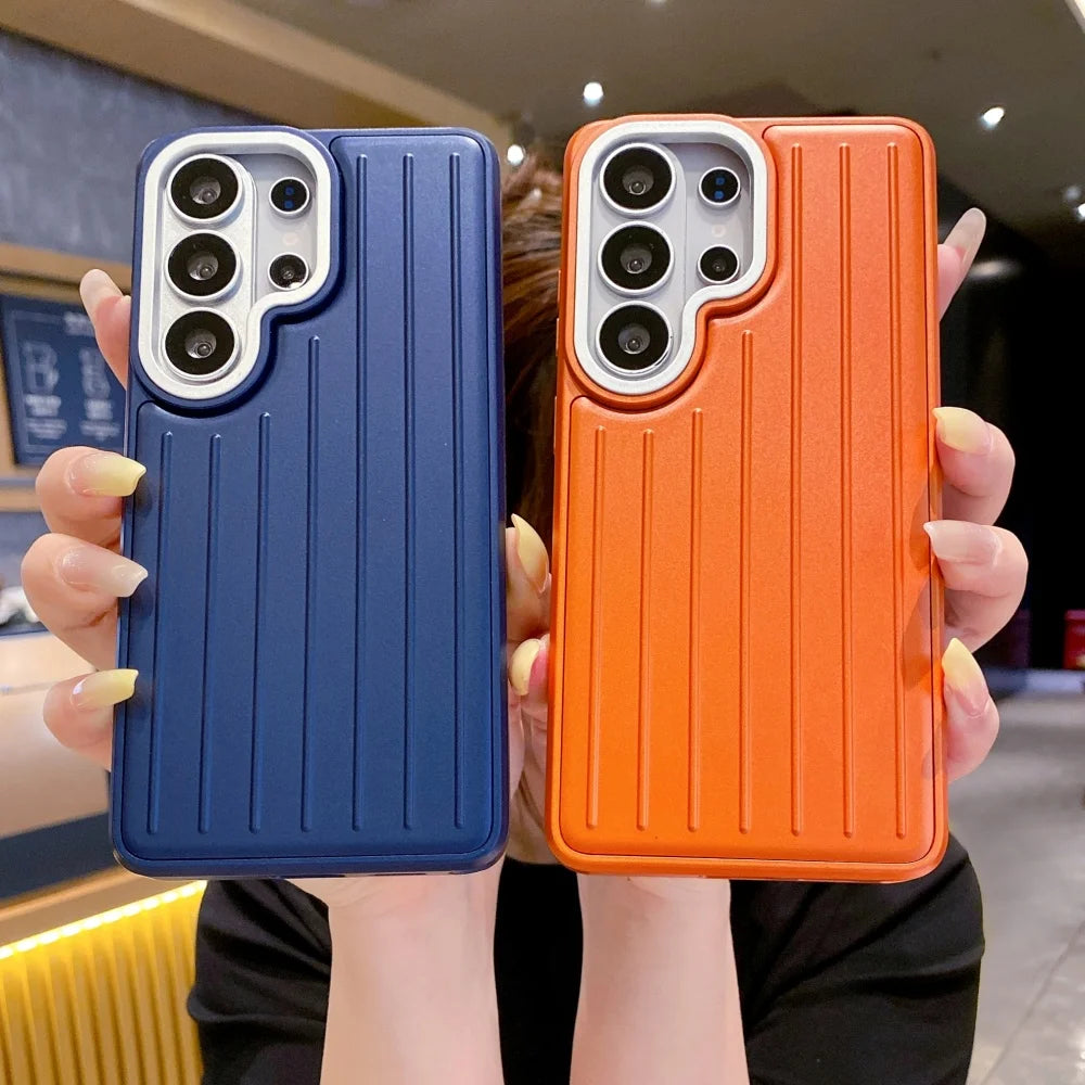 S26 Ultra Luxury 3in1 Striped Luggage Texture Case for Samsung Galaxy S26 S25 S24 S23 S22 Ultra Titanium glossy Shockproof Cover
