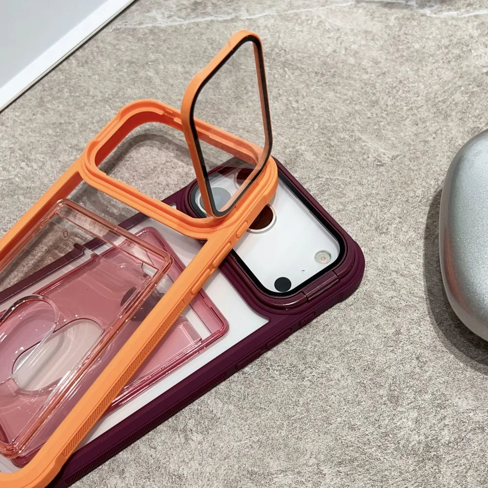 Luxury Slot Card Holder Wallet Clear Case For iPhone 11 12 13 14 15 16 17 Pro Max Air Fold Lens Stand Holder Shockproof Cover