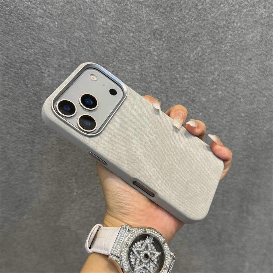 Luxury Alloy Len Frame Fiber Leather Magnetic Case For iPhone 17 16 Pro Max 15 14 13 12 For Magsafe Retro Shockproof Cover Funda