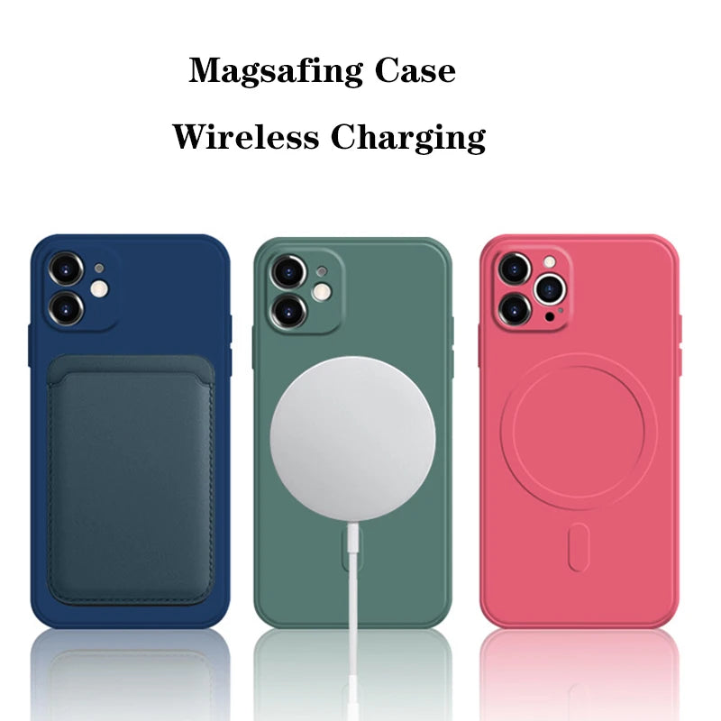 Liquid Silicone Case For iPhone 15 11 12 13 14  Pro Max Mini X XR Xs Plus Phone Magnetic Wireless Charging For Magsafe Cover