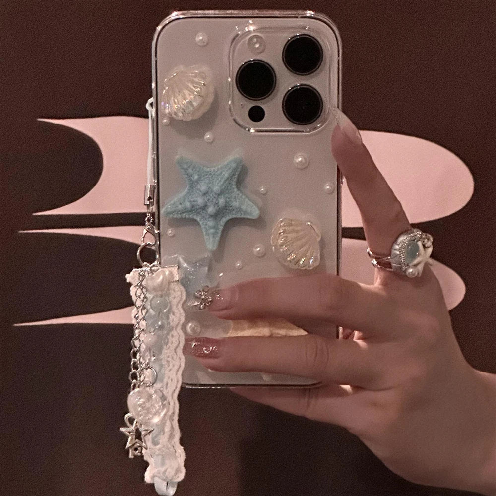 Cute Summer Seastar Shell Pattern Pendant Clear Phone Case For iPhone 16 15 14 13 12 11 Pro Max Plus 3D Cover Korea Girl Shell