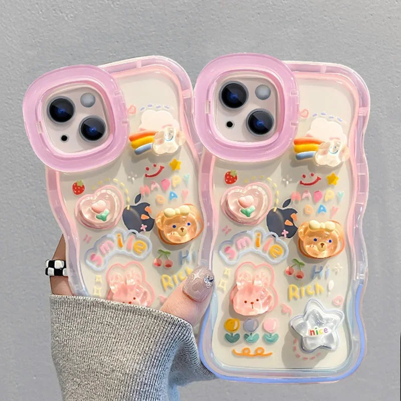 Cartoon 3D Bracket Phone Holder Case For iPhone 16 17 15 14 13 12 11 Pro Max Plus X XS XR Rainbow Love Heart Holder Stand Cover